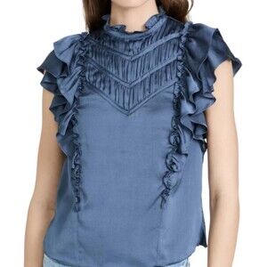 Veronica Beard Mandell Blue Ruffle Satin Top Sz 2 Romantic Victorian Gothic